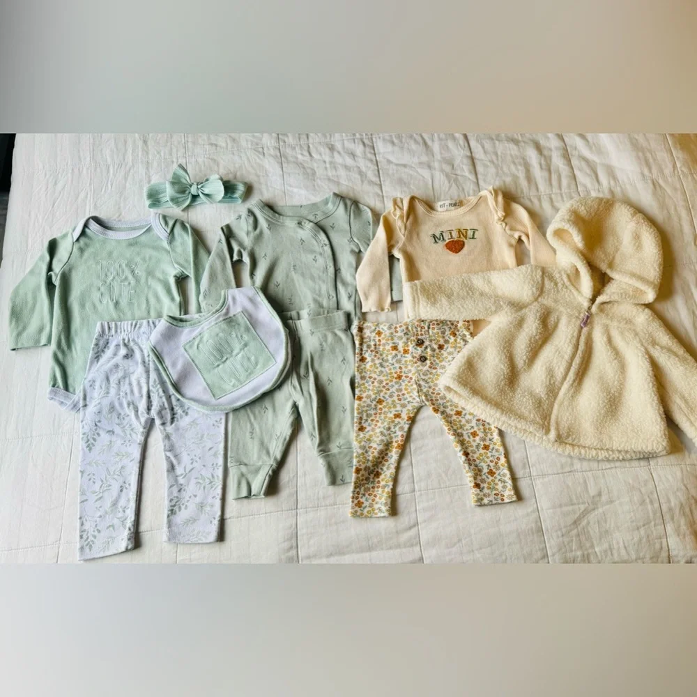 Baby Girl 9 piece set 3-6 Bundle Clothing Sets Lot Fuzzy Jacket Biege Sage Green